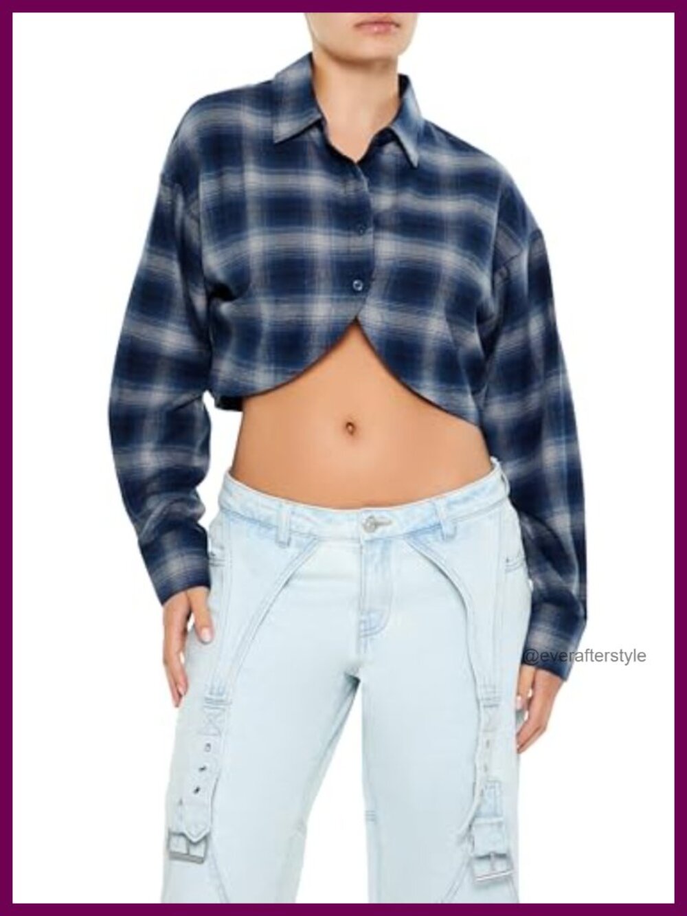 Cropped Plaid Flannel Button-Down Shirt Long Sleeve Women's